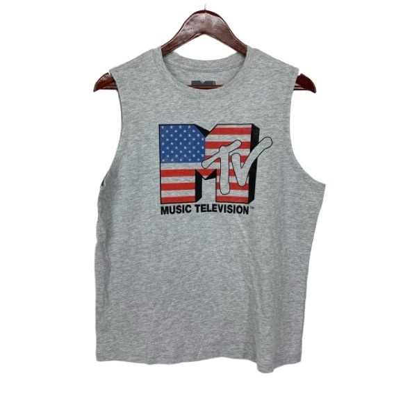 MTV Music TV Classic Patriotic American Flag Gray Graphic Muscle Tank Top July 4 - Picture 1 of 7
